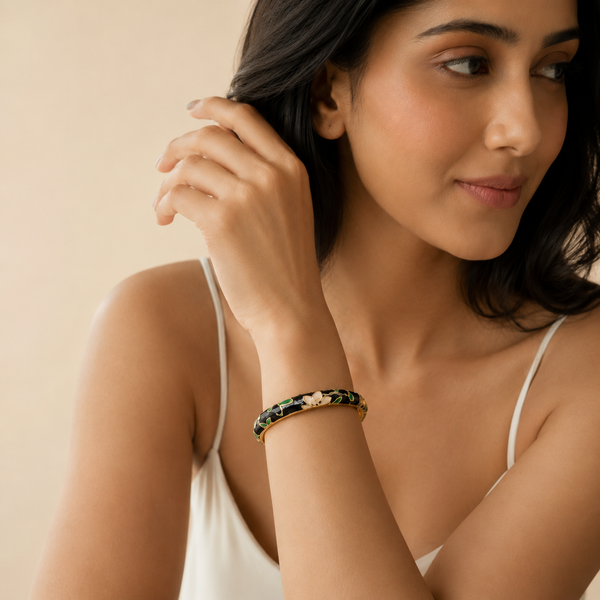 Vervit Black Enamel Floral Bangle for Women – 18K Gold-Plated Anti-Tarnish Stainless Steel