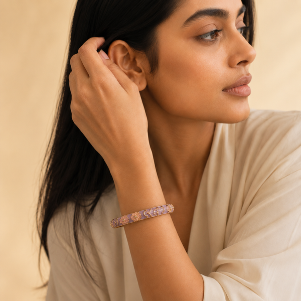 Vervit Lavender Floral Enamel Bangle for Women – 18K Gold-Plated Anti-Tarnish Stainless Steel