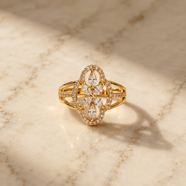 Golden Floral Crystal Statement Ring