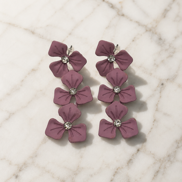Purple Floral Drop Earrings with Crystal Centres for Festive Wear | VERVIT