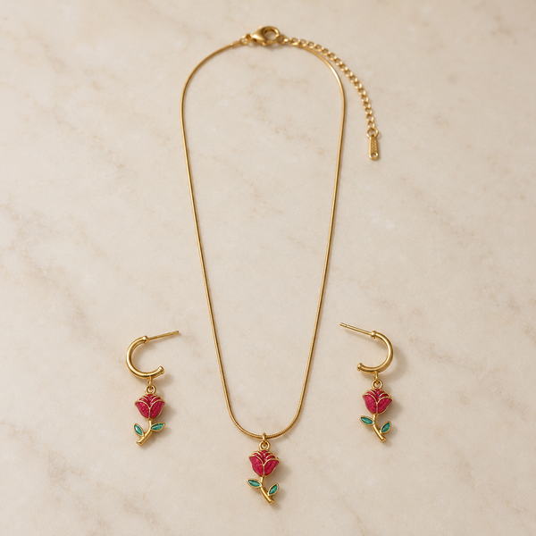 Rose Charm Pendant Set with Matching Earrings