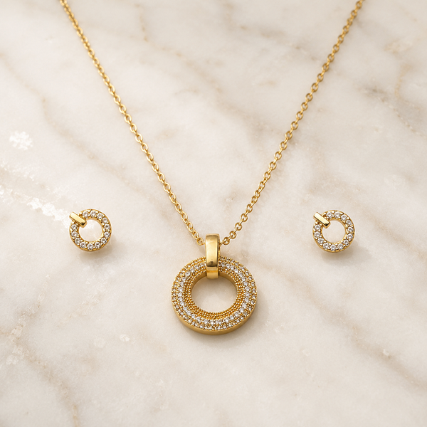 Vervit Gold-Tone Circle Necklace Set for Women – Pendant with Earrings
