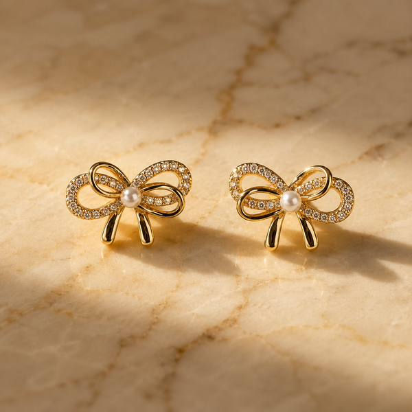 Vervit Gold-Tone Bow Stud Earrings for Women – Pearl-Centre Detail, Pair of 2