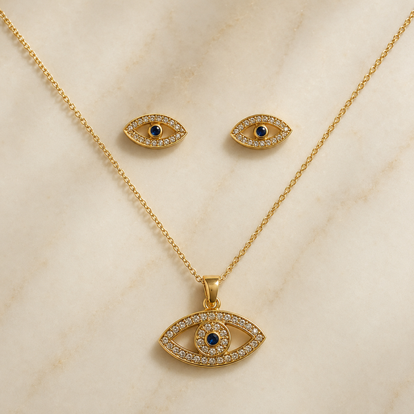 Vervit Gold-Tone Eye Motif Necklace Set for Women – Pendant with Earrings