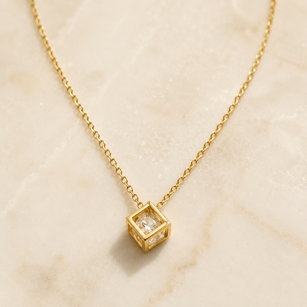 Vervit Square Crystal Pendant Necklace for Daily Wear – Gold Finish, Single Piece
