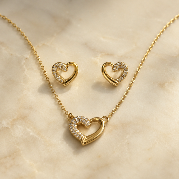 Vervit Gold-Tone Heart Necklace Set for Women – Pendant with Earrings