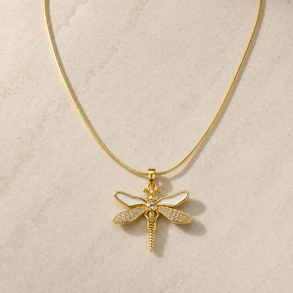 Vervit Gold-Tone Dragonfly Pendant Necklace for Women – Stone Detail Design