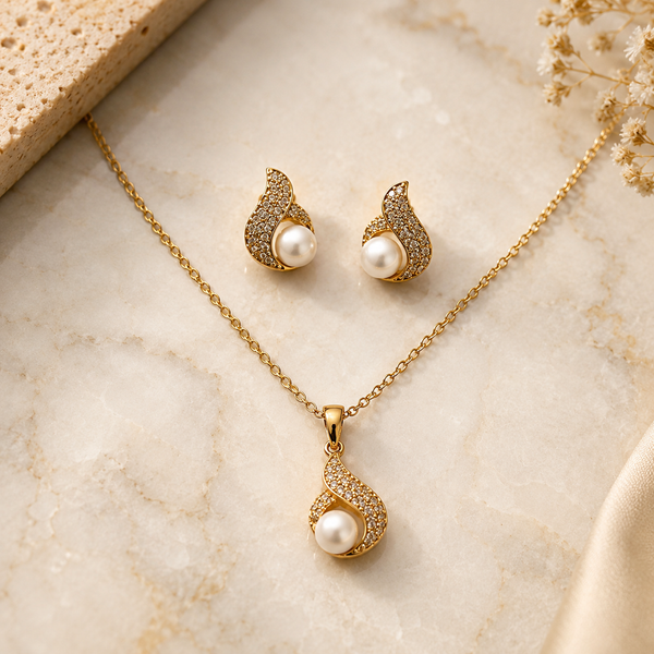 Vervit Gold-Tone Pearl Necklace Set for Women – Pendant with Earrings