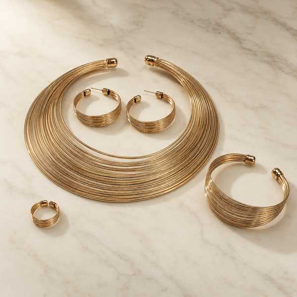 Golden Statement Jewellery Set with Necklace, Earrings, Bangle & Ring