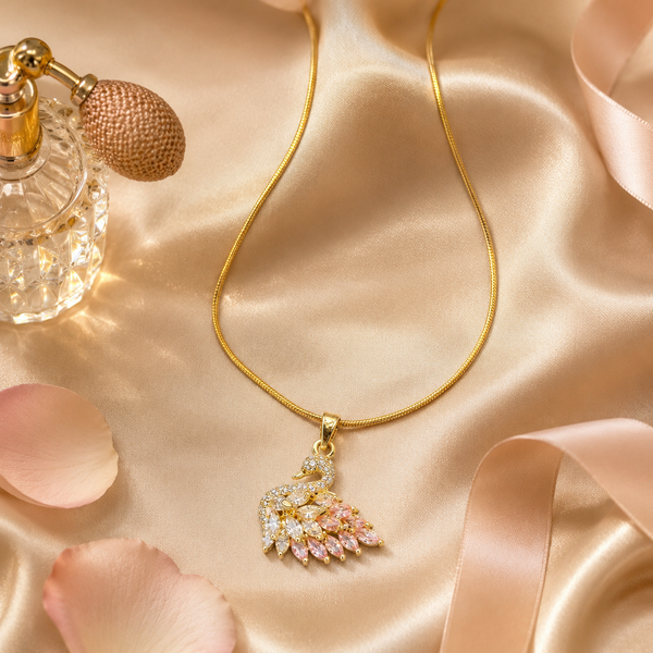Vervit Gold-Tone Swan Pendant Necklace for Women – Pink Stone Detail