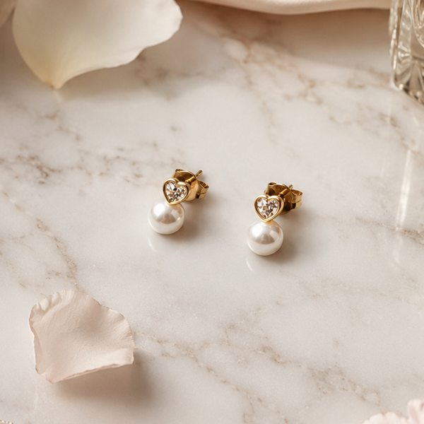 Gold Heart Pearl Drop Earrings for Festive Elegance | VERVIT