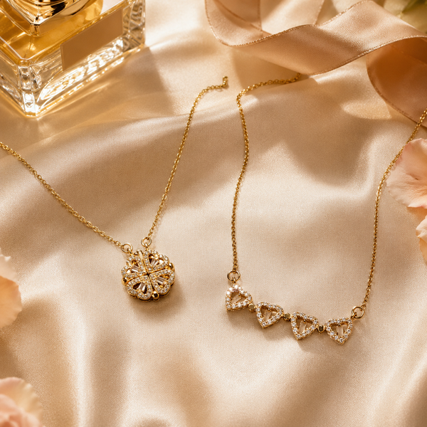 Vervit Heart & Clover Necklace Set for Daily Wear – Gold Finish, Set of 2