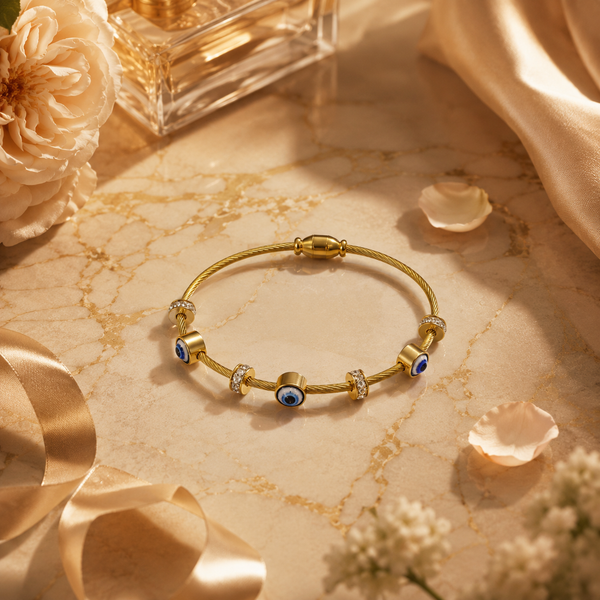 Vervit Bracelet with Blue Eye Charms for Daily Wear – Gold Finish, Single Piece