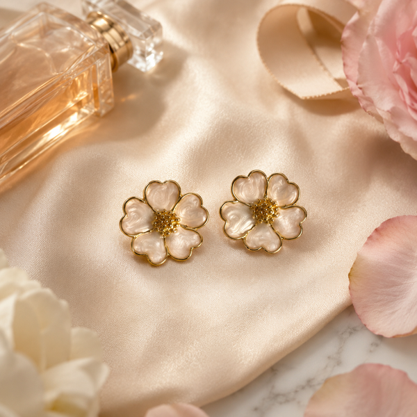 Vervit Floral Stud Earrings for Women – White & Gold Finish, Pair of 2