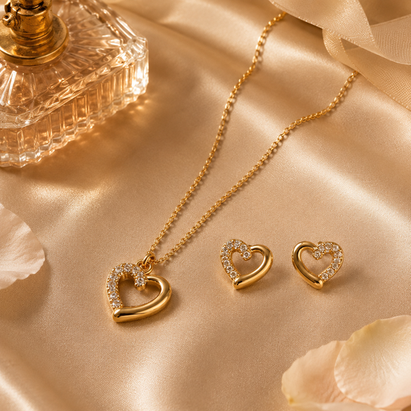 Vervit Gold-Tone Heart Necklace Set for Women – Pendant with Earrings