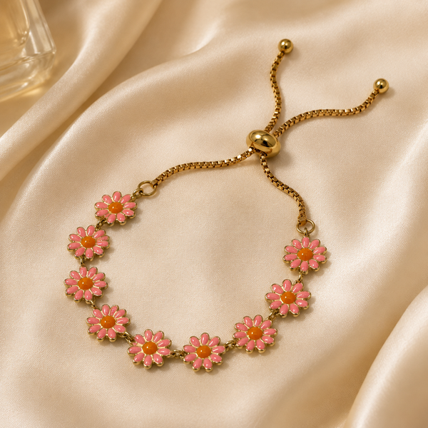 Vervit Gold Pink Floral Slider Bracelet for Women – 18K Gold Plated PVD Finish