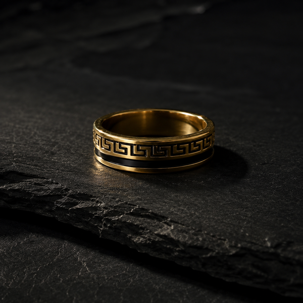 Vervit Men’s Greek Pattern Ring for Daily Wear – Gold Finish, Single Piece
