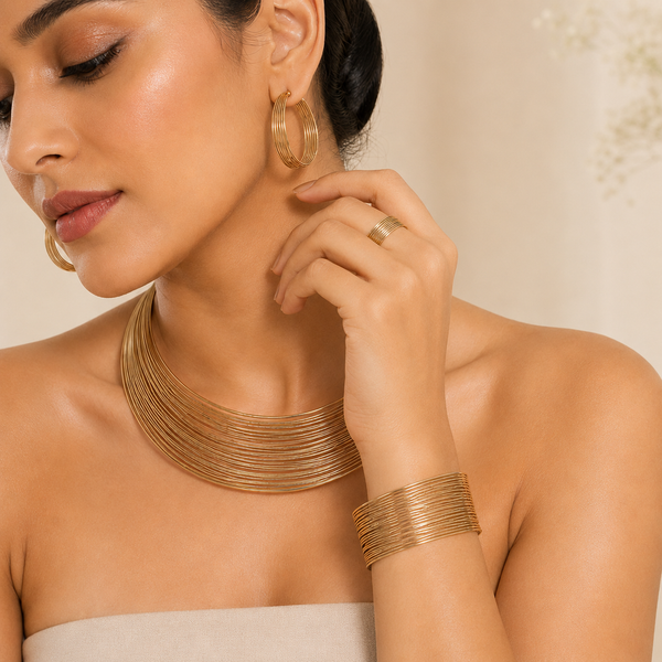 Golden Statement Jewellery Set with Necklace, Earrings, Bangle & Ring