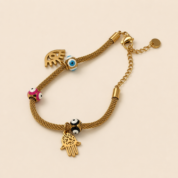 Vervit Gold Evil Eye & Hamsa Charm Bracelet for Women – 18K Gold-Plated PVD Finish, Anti-Tarnish 316L Stainless Steel