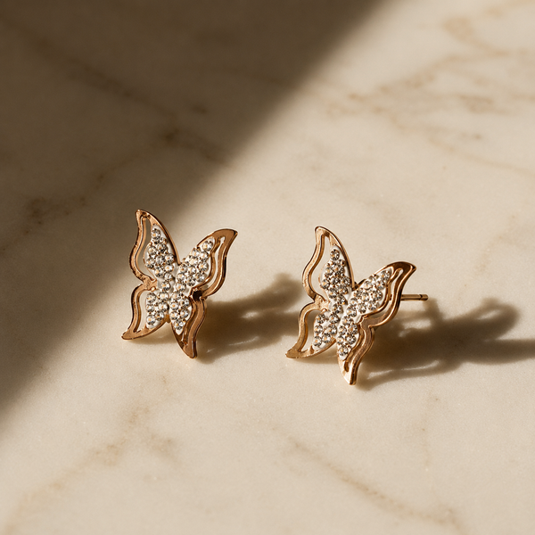 Vervit Wings of Light Earrings | Pave Crystal Butterfly Studs in Rose Gold