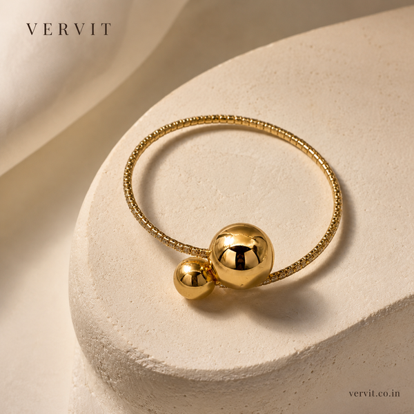 Vervit Gold Dual Sphere Open Bangle for Women – 18K Gold-Plated Anti-Tarnish Stainless Steel