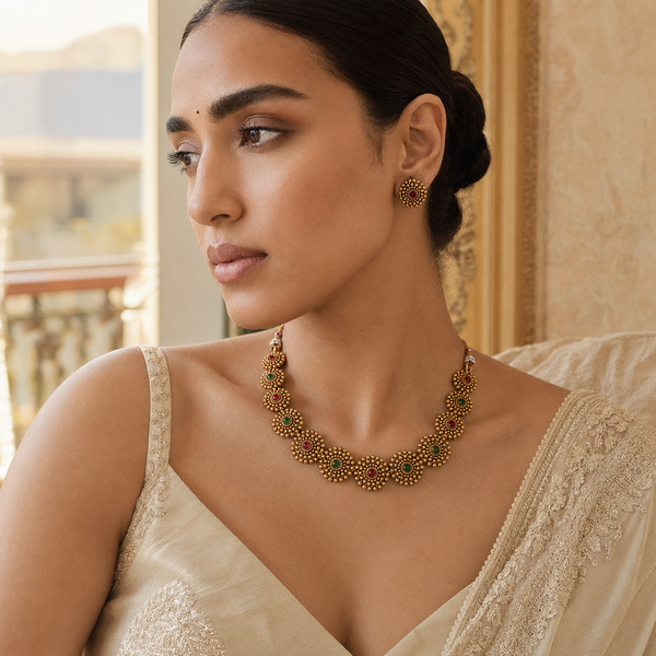 Antique Beaded Necklace Set with Matching Stud Earrings