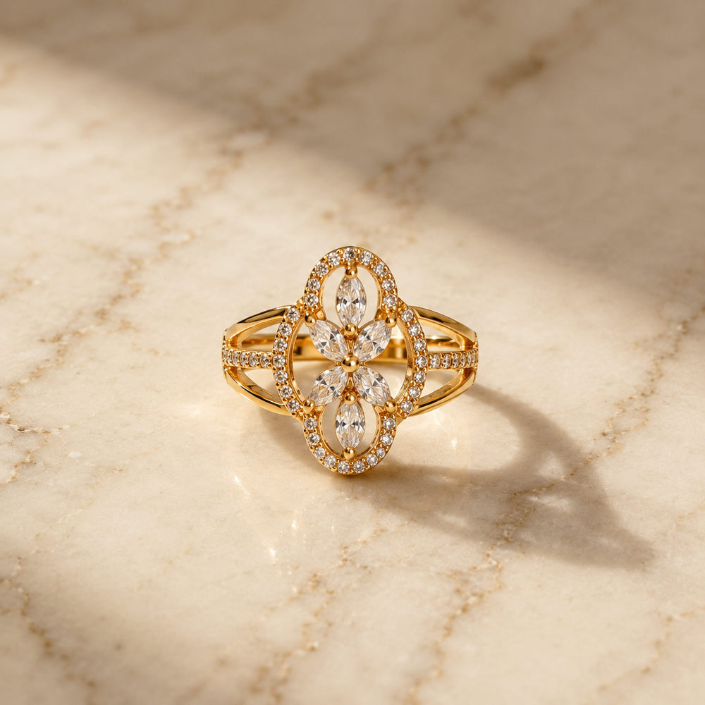 Golden Floral Crystal Statement Ring