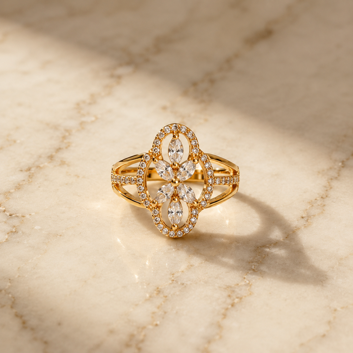 Golden Floral Crystal Statement Ring