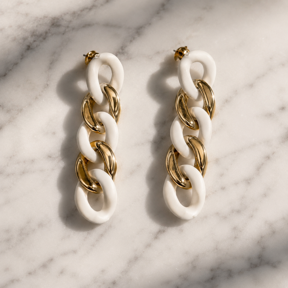 Gold White Link Dangler Earrings for Party & Festive Wear | VERVIT