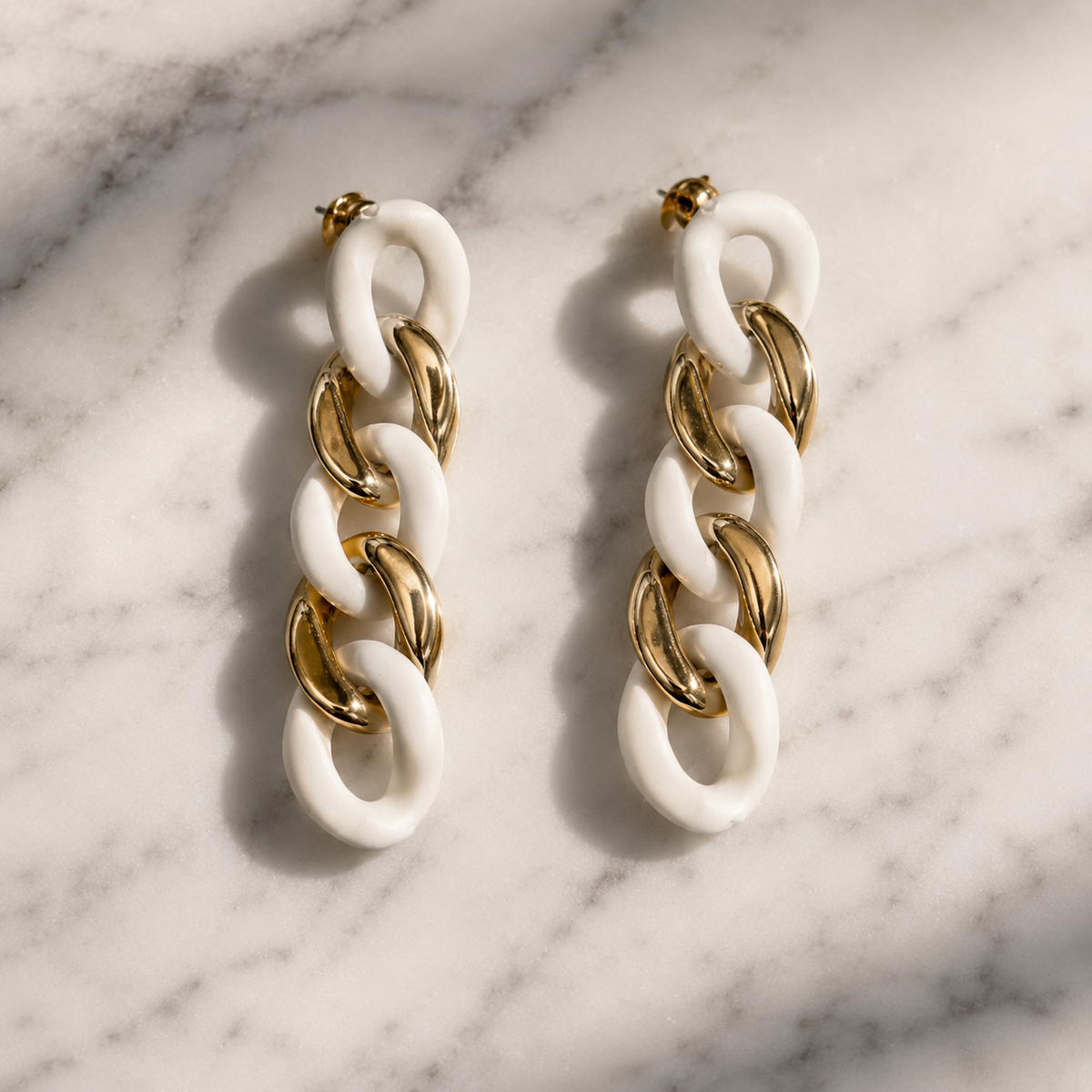 Gold White Link Dangler Earrings for Party & Festive Wear | VERVIT