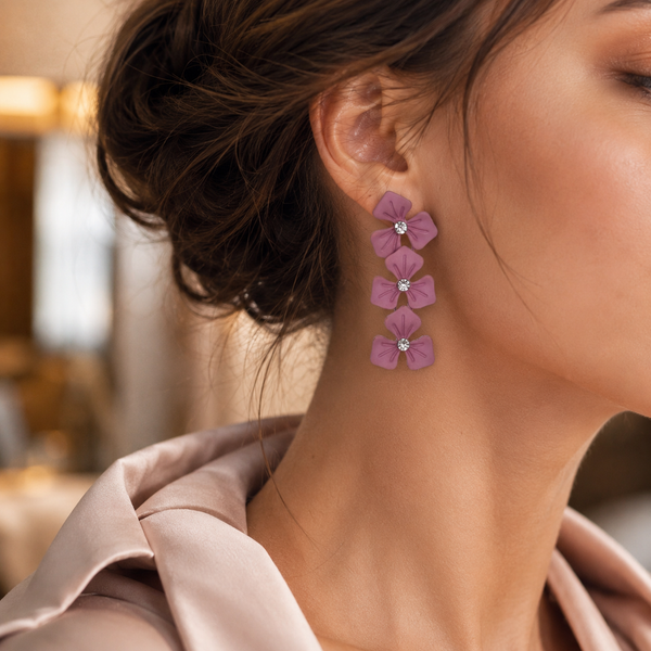 Purple Floral Drop Earrings with Crystal Centres for Festive Wear | VERVIT