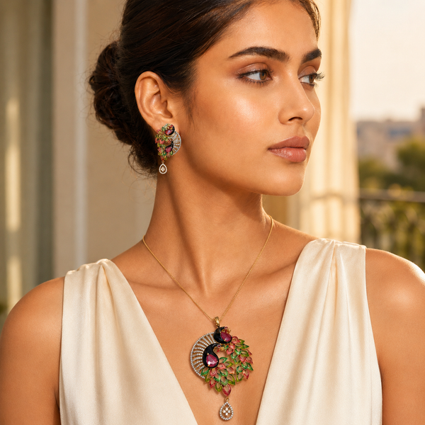 Peacock Bloom Pendant Set with Matching Earrings