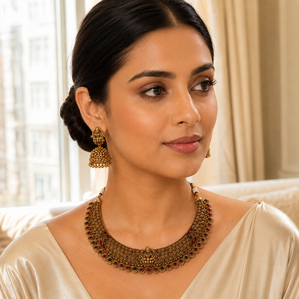 Antique Lakshmi Temple Choker Set with Jhumka Earrings