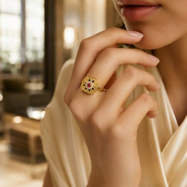 Golden Square Ruby Statement Ring