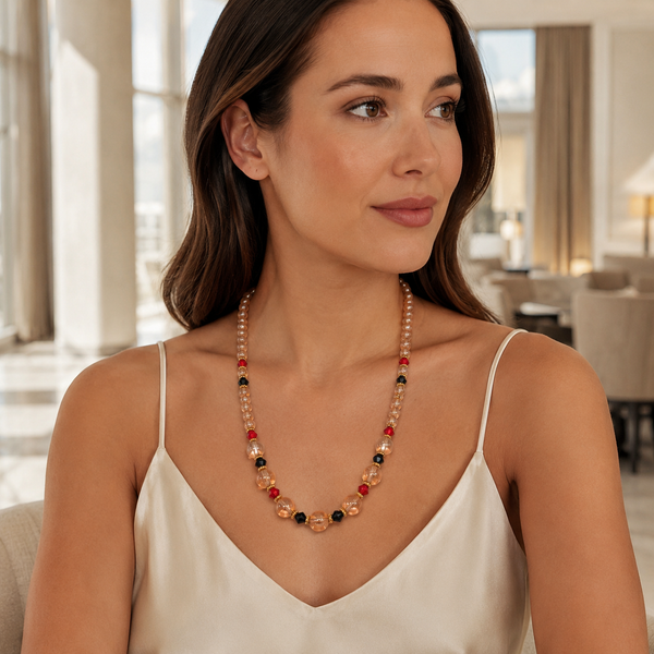 Champagne Beaded Necklace with Red & Black Accents
