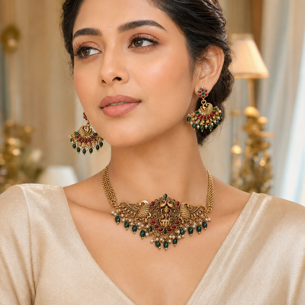 Antique Lakshmi Peacock Necklace Set with Matching Earrings
