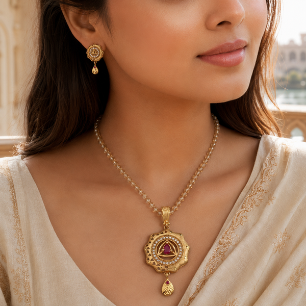 Royal Ruby Mandala Pendant Set with Matching Earrings