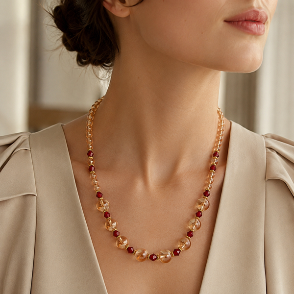 Champagne Beaded Necklace with Ruby Red Accents