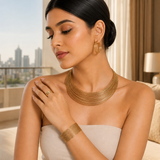 Golden Statement Jewellery Set with Necklace, Earrings, Bangle & Ring