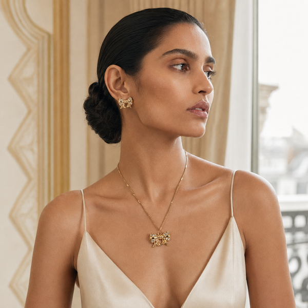 Golden Bow Pendant Set with Matching Earrings