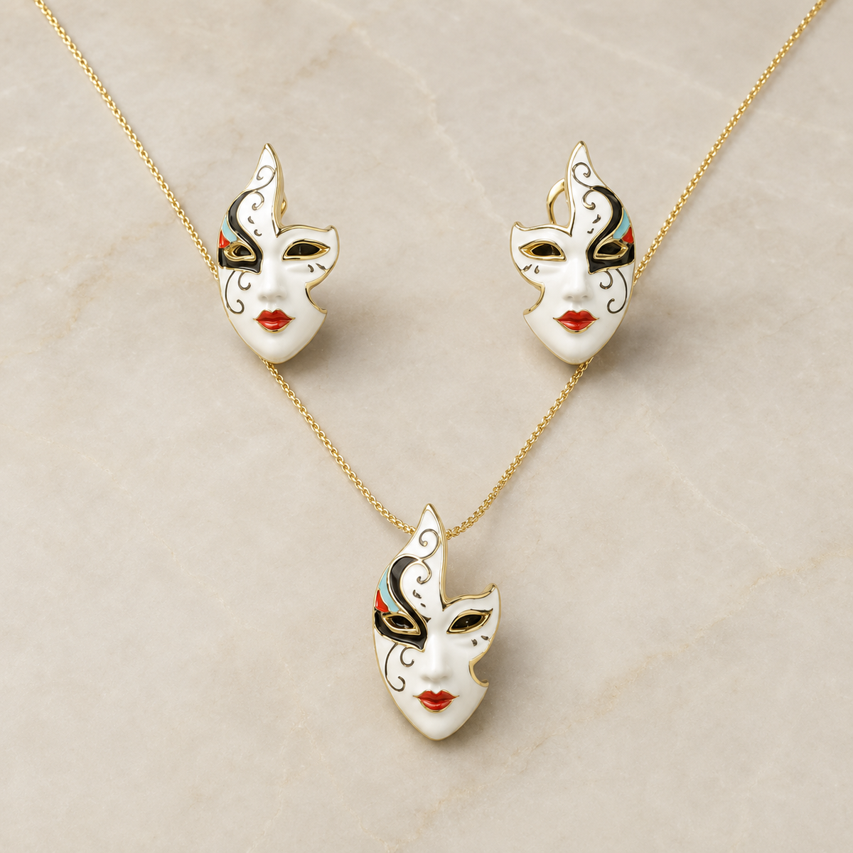 Vervit Mask Pendant Necklace Set for Festive Wear – Gold Finish, Necklace with Earrings