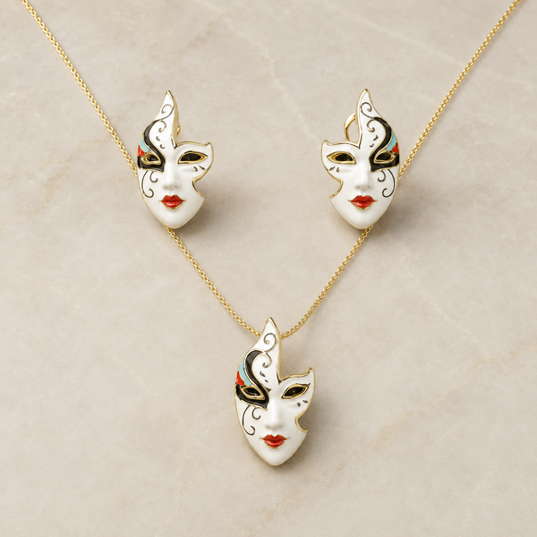 Vervit Mask Pendant Necklace Set for Festive Wear – Gold Finish, Necklace with Earrings