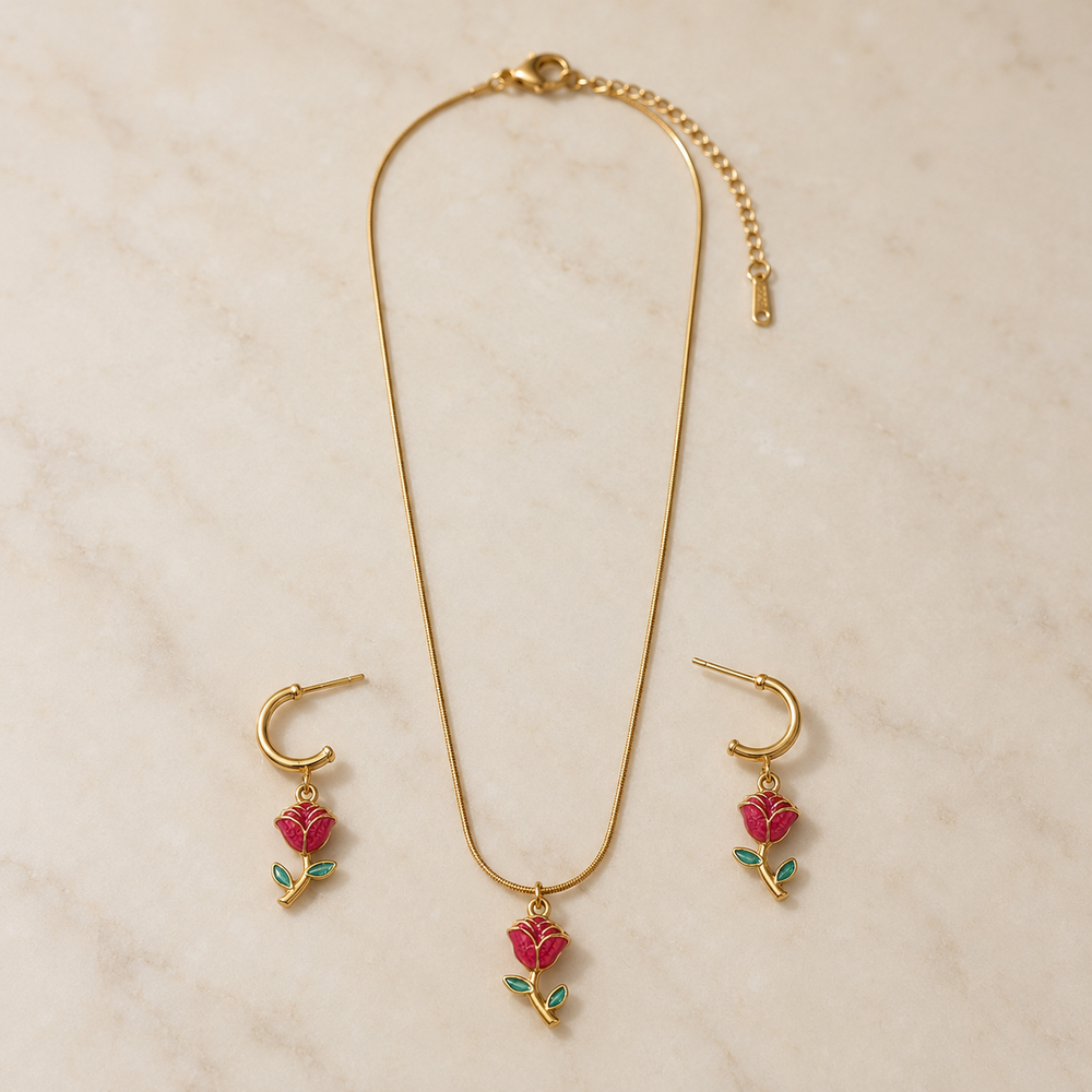 Rose Charm Pendant Set with Matching Earrings