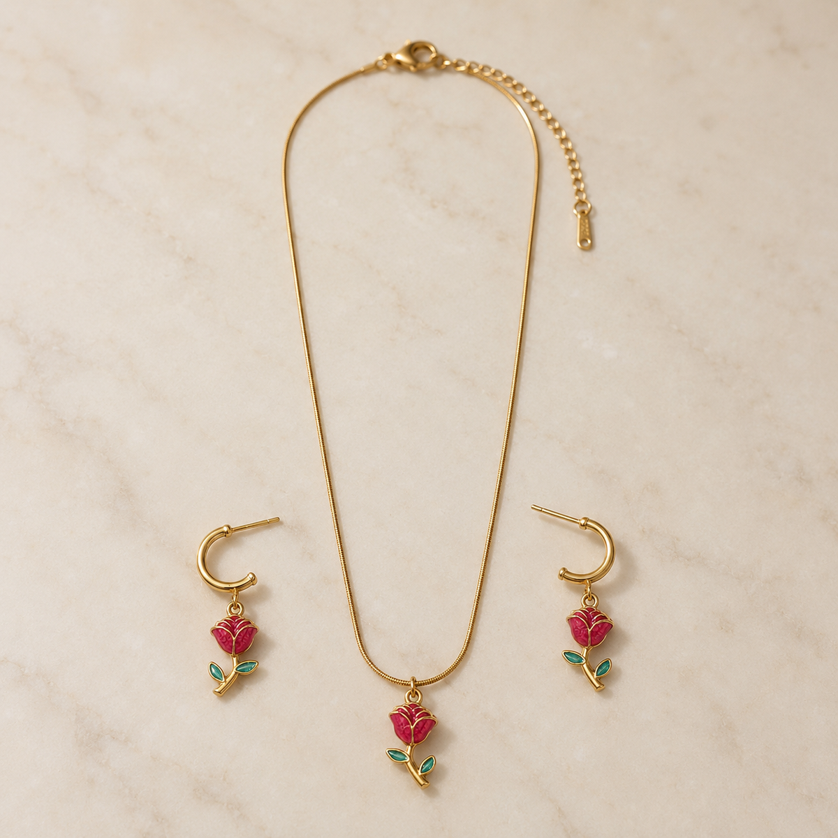 Rose Charm Pendant Set with Matching Earrings