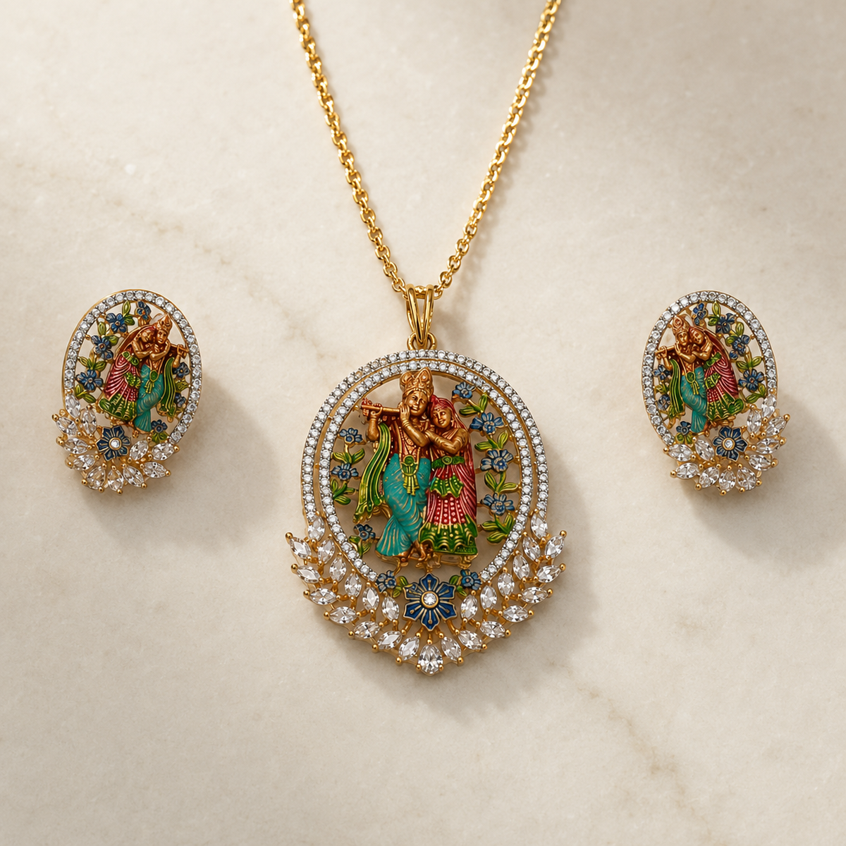 Radha Krishna Divine Pendant Set with Matching Earrings