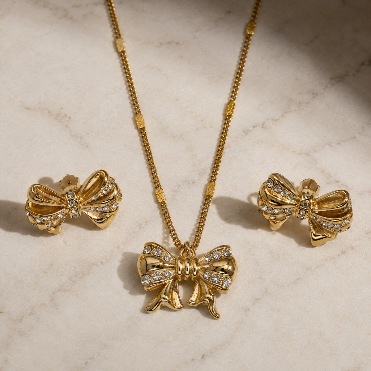 Golden Bow Pendant Set with Matching Earrings