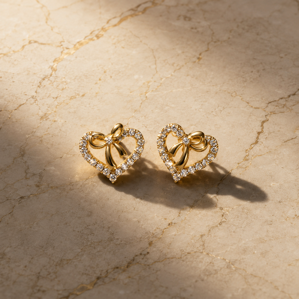 Vervit Gold-Tone Heart Stud Earrings for Women – Bow Detail, Pair of 2