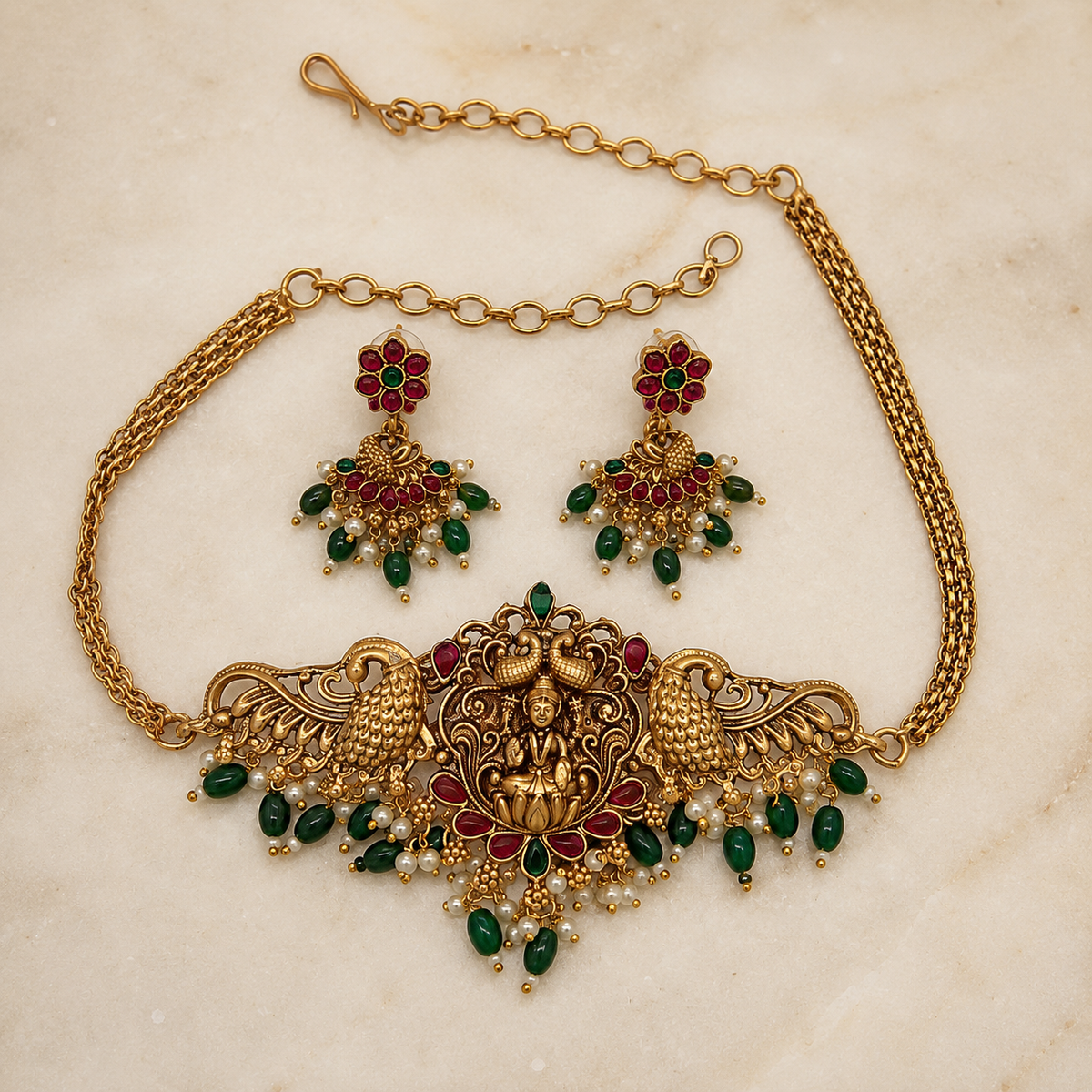 Antique Lakshmi Peacock Necklace Set with Matching Earrings