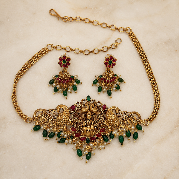 Antique Lakshmi Peacock Necklace Set with Matching Earrings