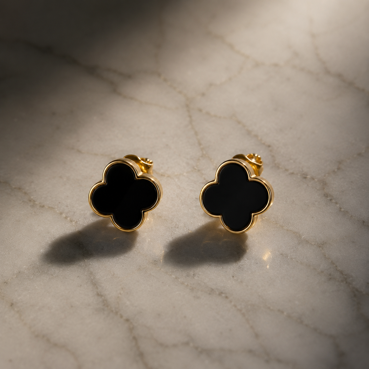 Vervit Gold-Tone Clover Stud Earrings for Women – Black Centre Detail, Pair of 2